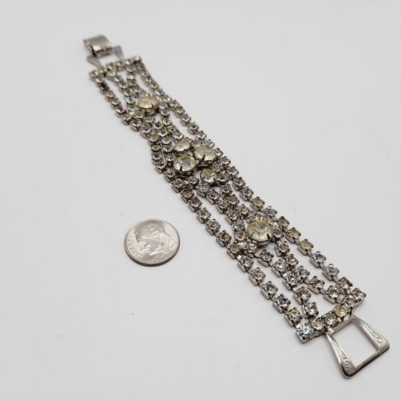 Vintage 1950s Clear Rhinestone Four Row Bracelet - 7 1/4 Inches, Wedding Jewelry - Picture 8 of 11